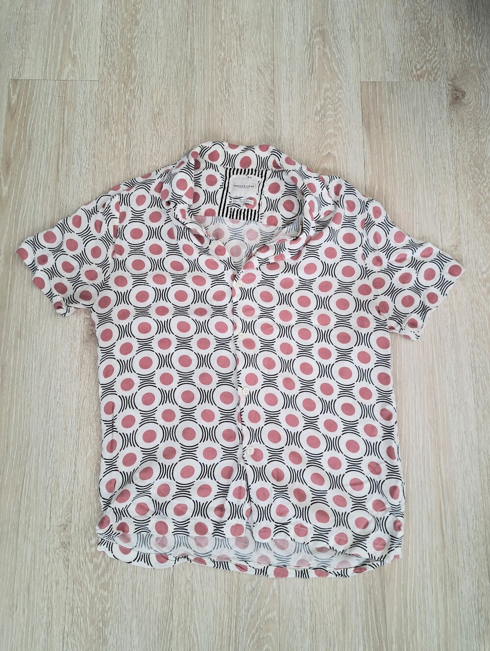Denim & Flower White Shirt with Pink Dot & Black Circle Print Sz M